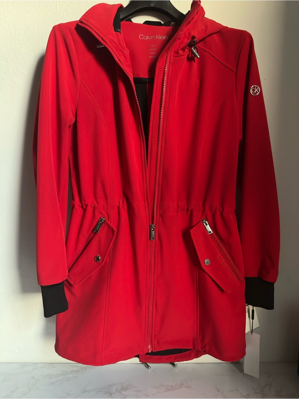 Calvin Klein Red Hooded Trench Coat